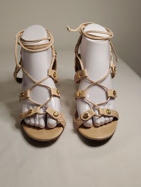 BCBGMaxAzria Beige Strappy Gladiator Sandals with Gold Buttons